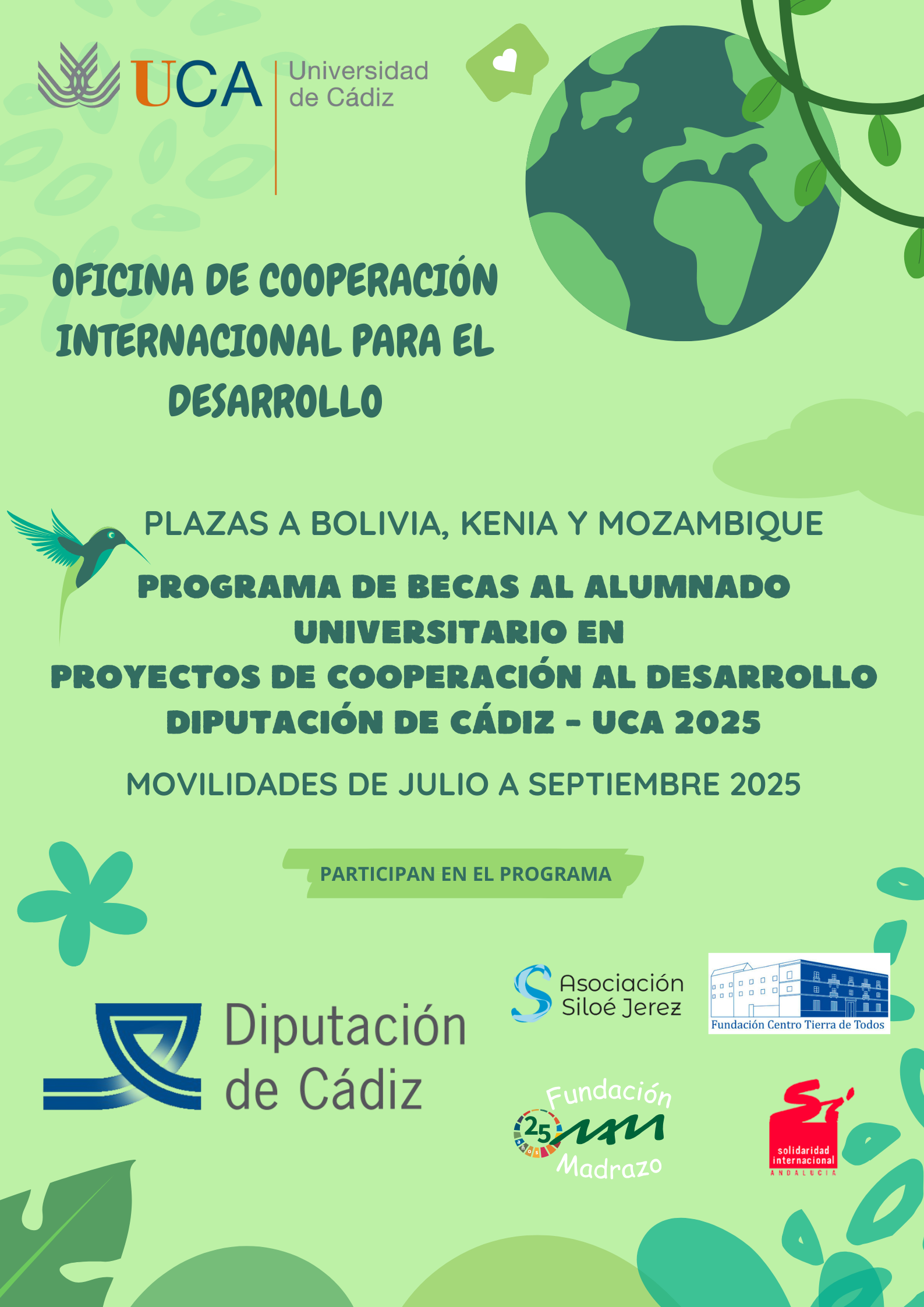 La Oficina de Cooperación Internacional para el Desarrollo pone en marcha el Programa de becas al alumnado universitario en proyectos de cooperación al desarrollo Diputación de Cádiz-UCA 2025