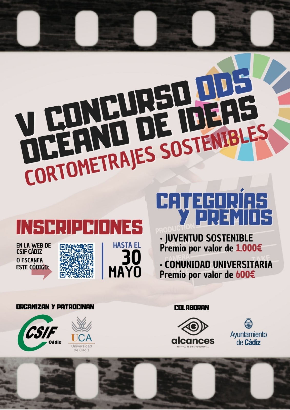 La Universidad de Cádiz convoca el Premio sección comunidad universitaria del V Concurso Océano de Ideas ODS de cortometrajes sostenibles 2026.